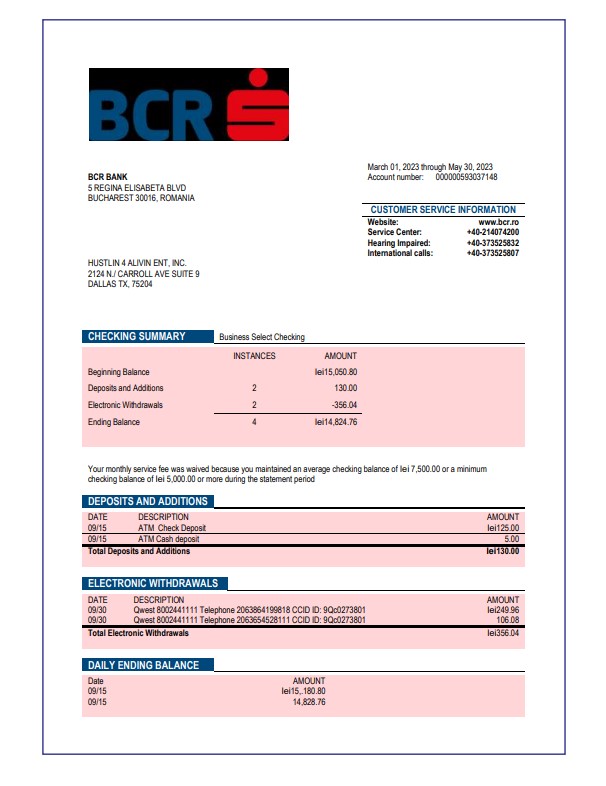 Modèle Word et PDF de relevé de compte courant de la société BCR Bank